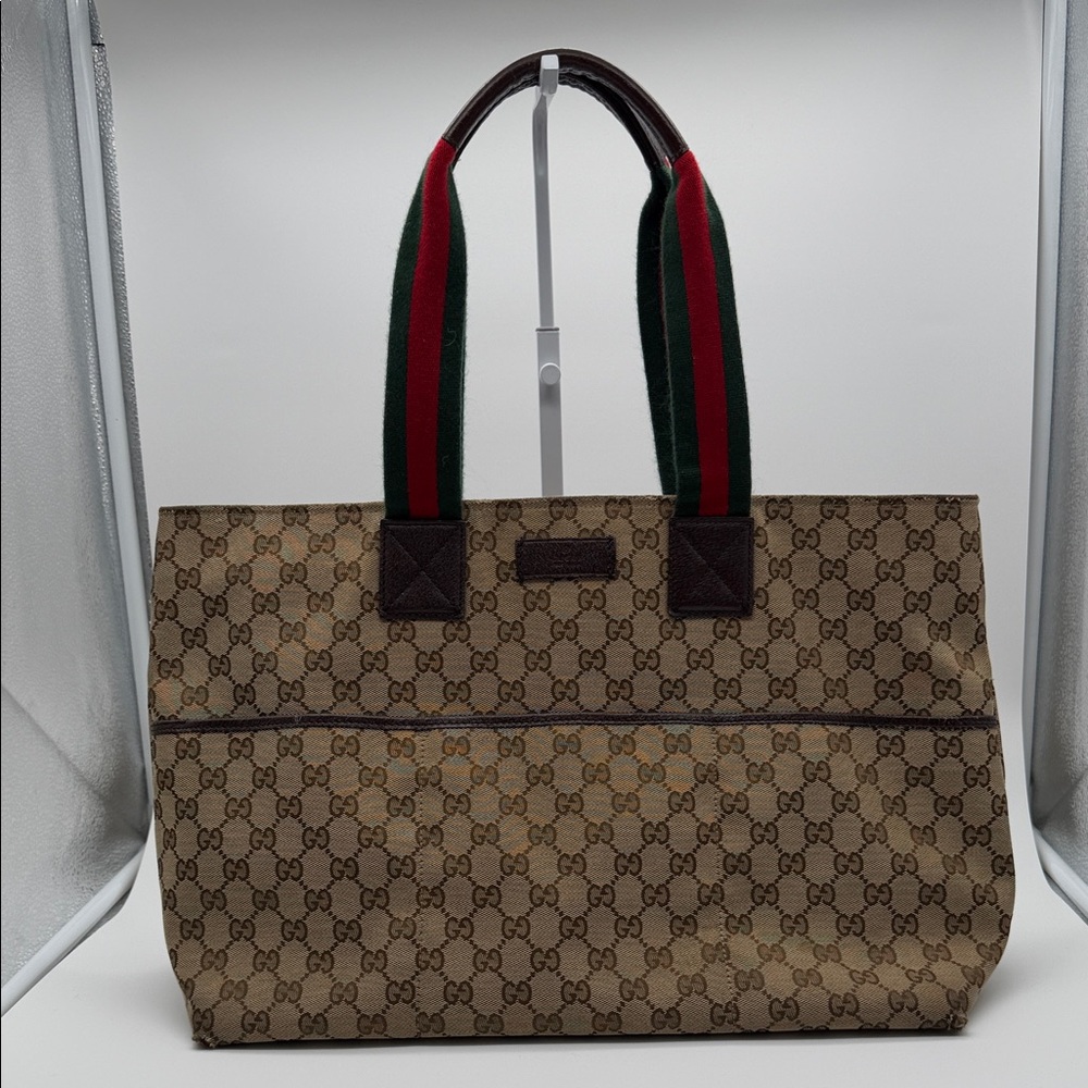 Gucci Beige Monogram Tote with Red and Green Straps